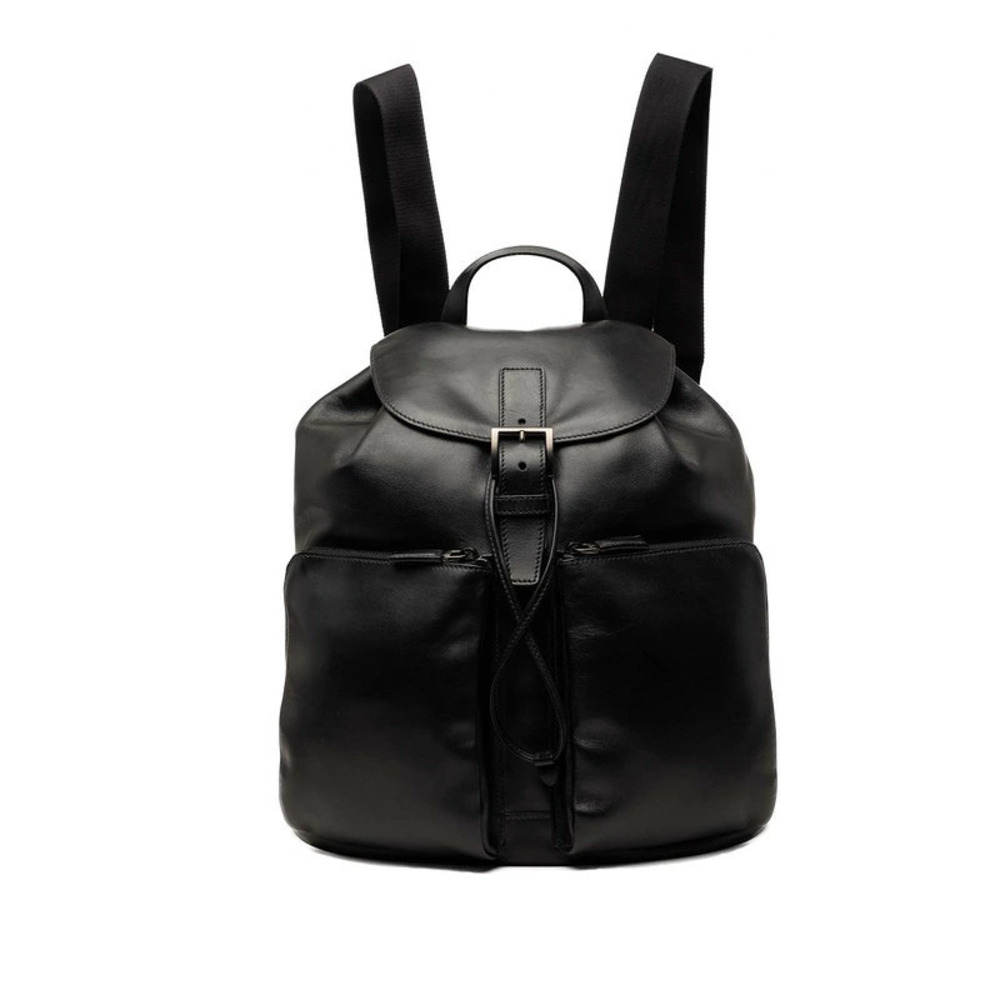 Prada Triangle Plate Backpack Daypack Black Leather